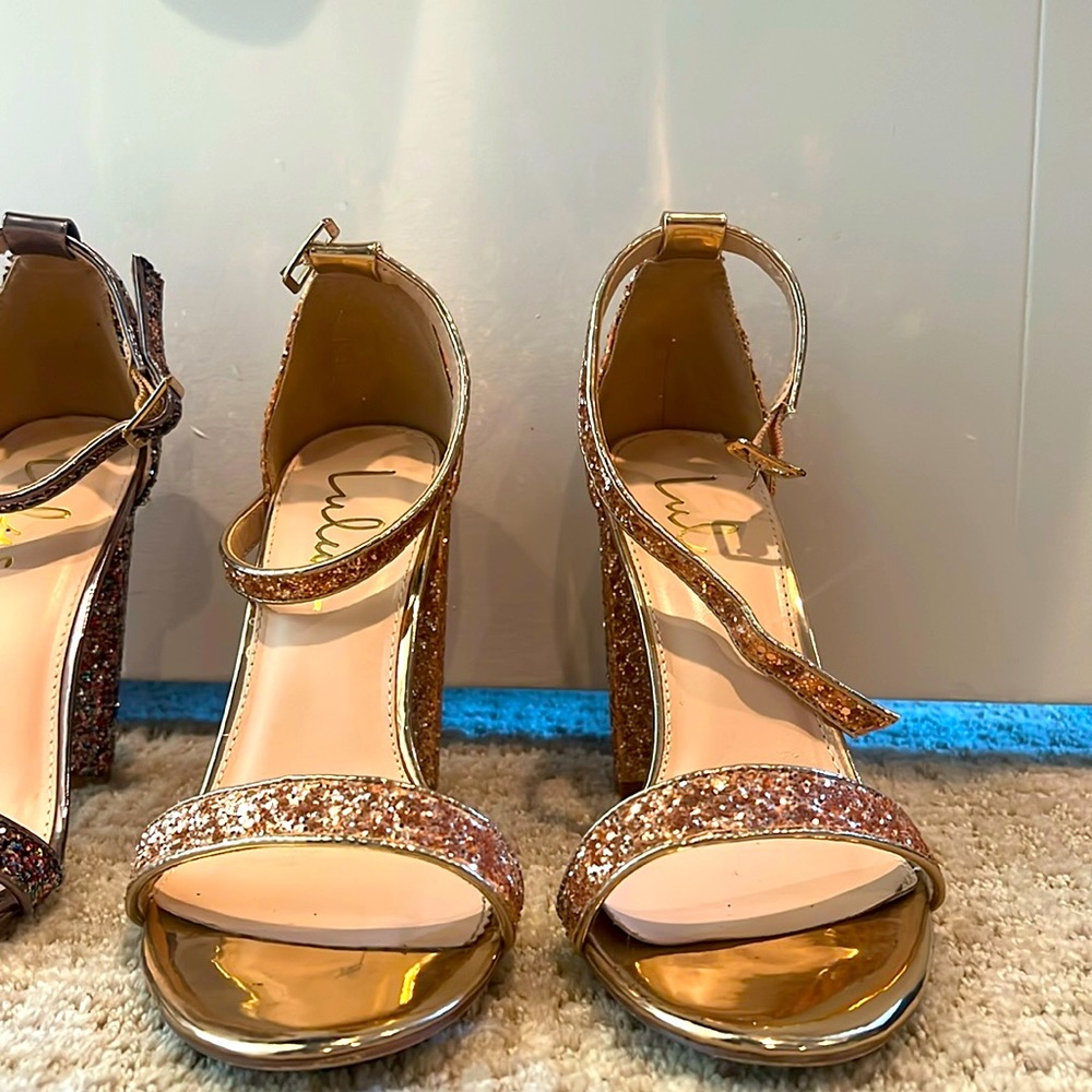 Lulus Heels 8 Rose Gold Glitter Taylor Ankle Toe Strap Wrapped Block Classic
